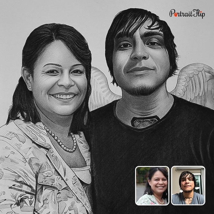 Charcoal drawing of couple with angel wings