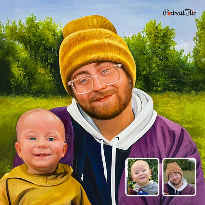 Compilation acrylic painting of father and toddler son outdoors