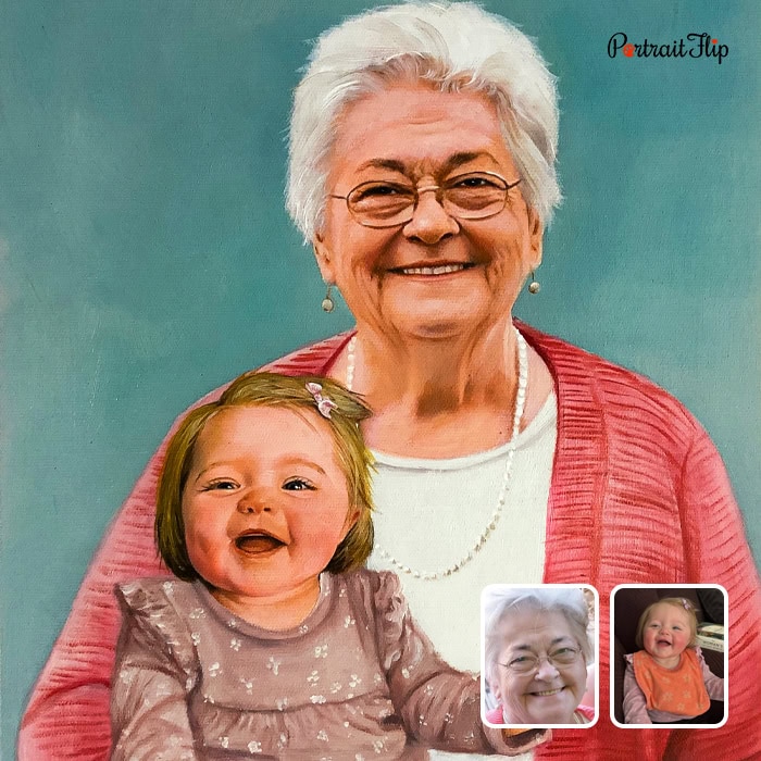 Compilation acrylic painting of grandmother with baby granddaughter