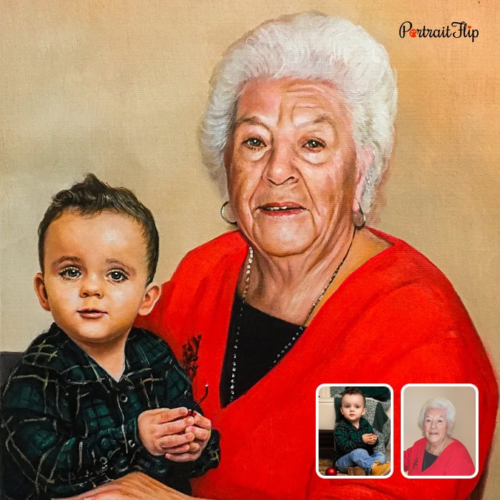 Compilation acrylic painting of grandmother with toddler grandson