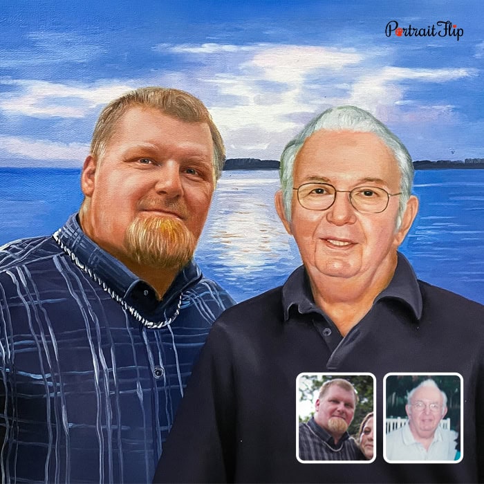 Compilation acrylic painting of son and father by the lake