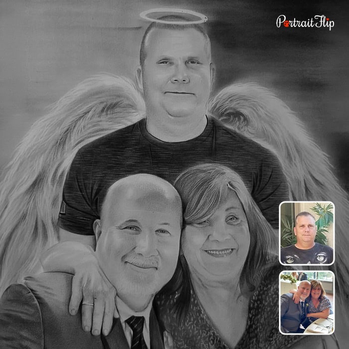 Compilation charcoal drawing of deceased son with angel wings and halo above parents