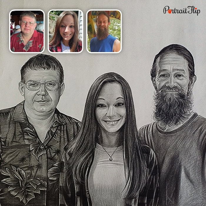 Compilation charcoal drawing of three siblings merged from separate photos