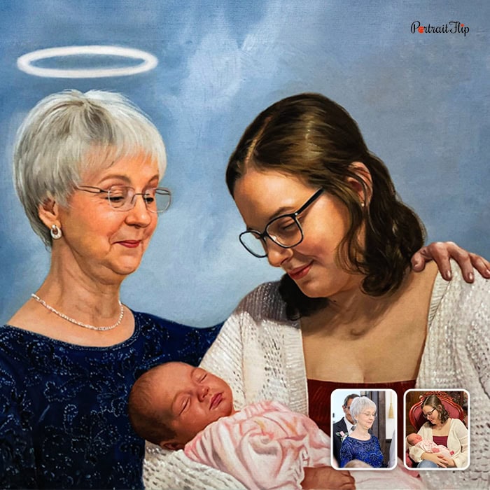 Compilation memorial acrylic painting of deceased grandmother with granddaughter and newborn