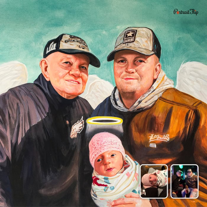 Compilation memorial watercolor painting of grandfather, father and newborn with angel wings