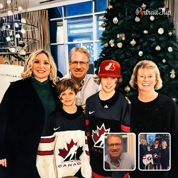 Compilation oil painting of family in front of Christmas tree