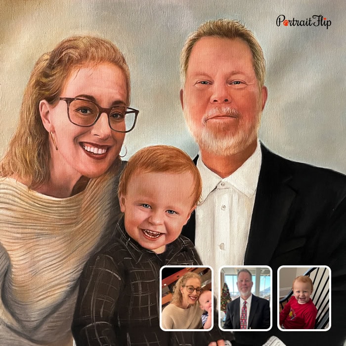 Compilation oil painting of grandparents with toddler grandson