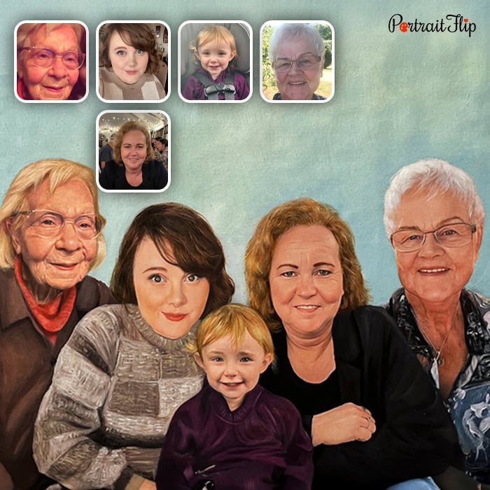 Compilation oil painting of multigenerational family merged from separate photos