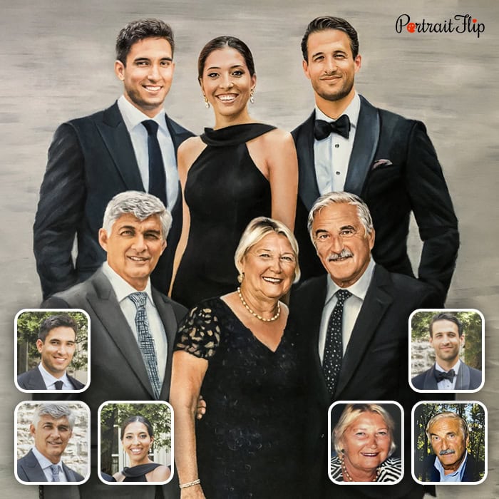 Compilation oil painting of six family members merged from separate photos