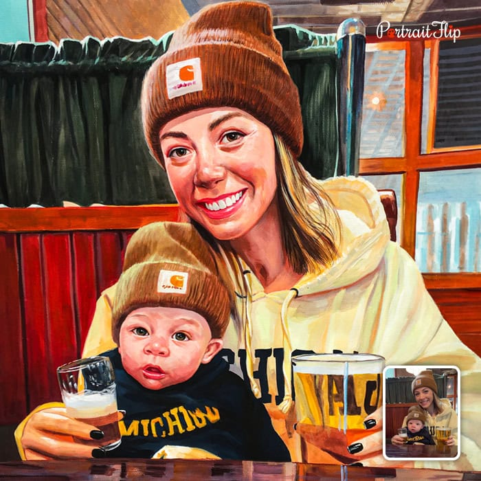 Compilation pastel painting of mother and toddler son