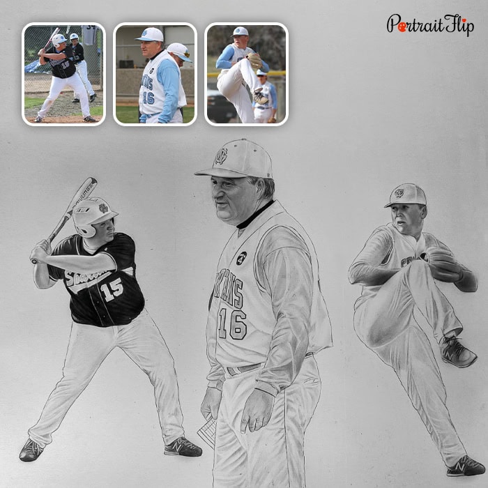 Compilation pencil sketch of three baseball players merged from separate photos