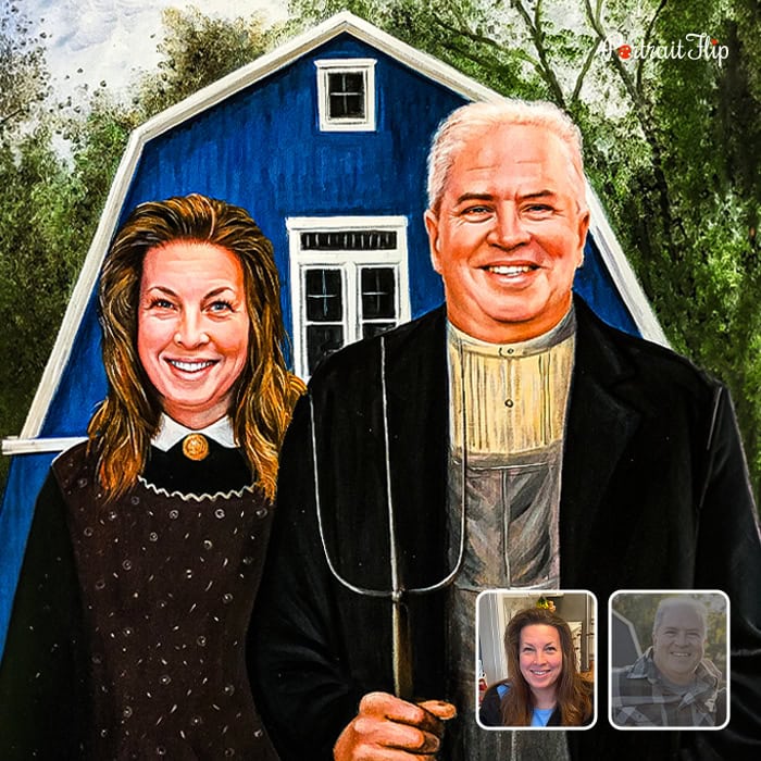 Compilation royal oil painting of couple in American Gothic style
