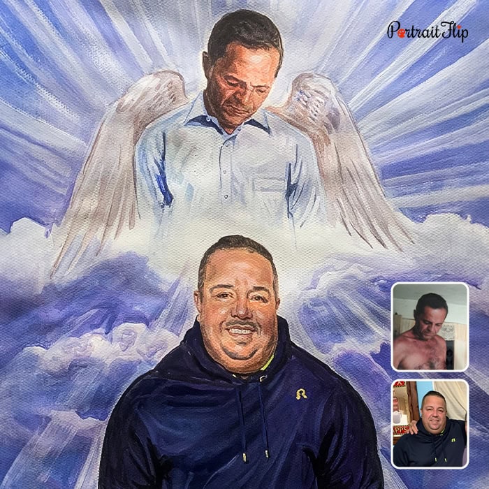 Compilation watercolor painting of man with deceased father as guardian angel with wings