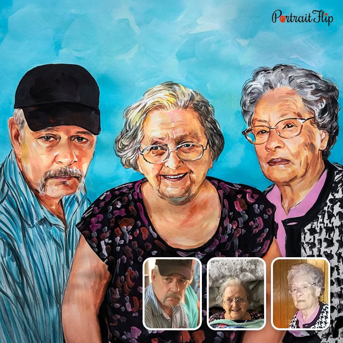 Compilation watercolor painting of three family members merged from separate photos