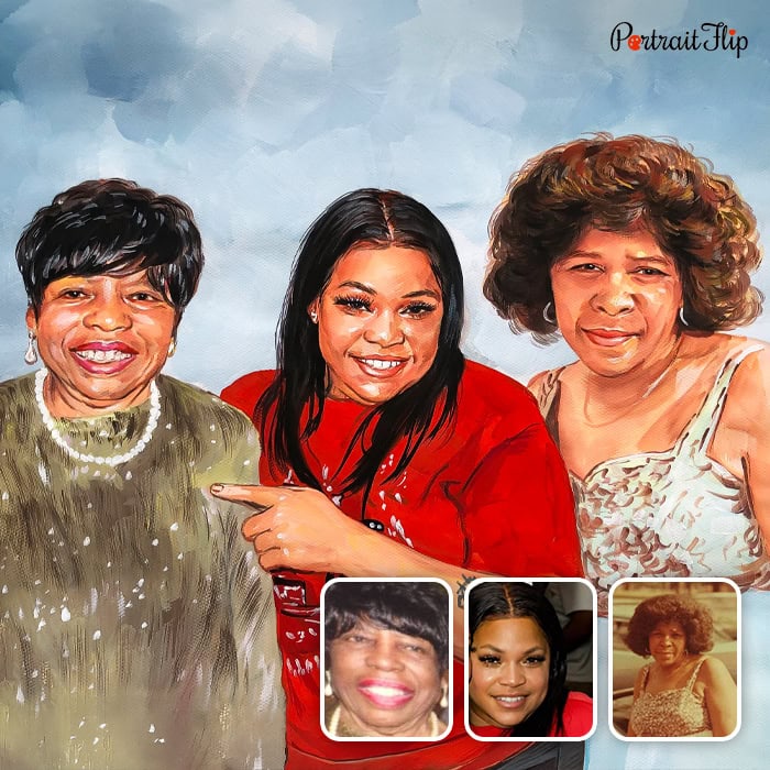 Compilation watercolor painting of three women merged from separate photos