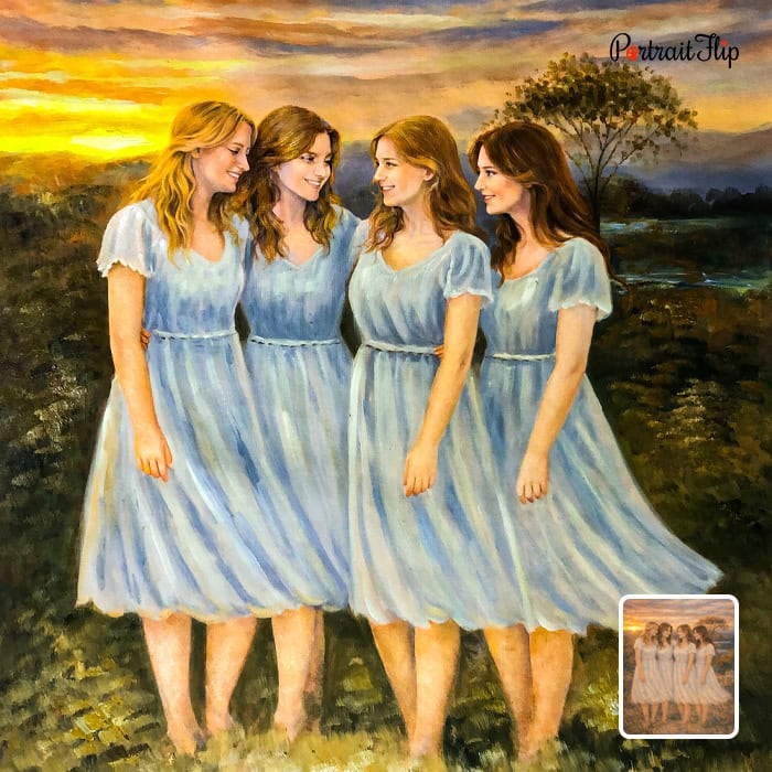 Custom impasto painting of four women in a field at sunset from photo