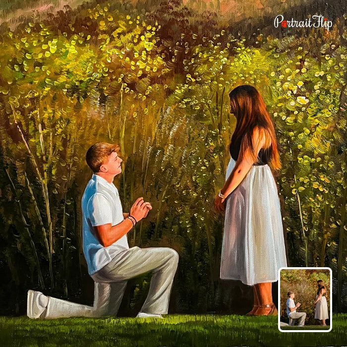 Custom impasto painting of marriage proposal in garden from photo