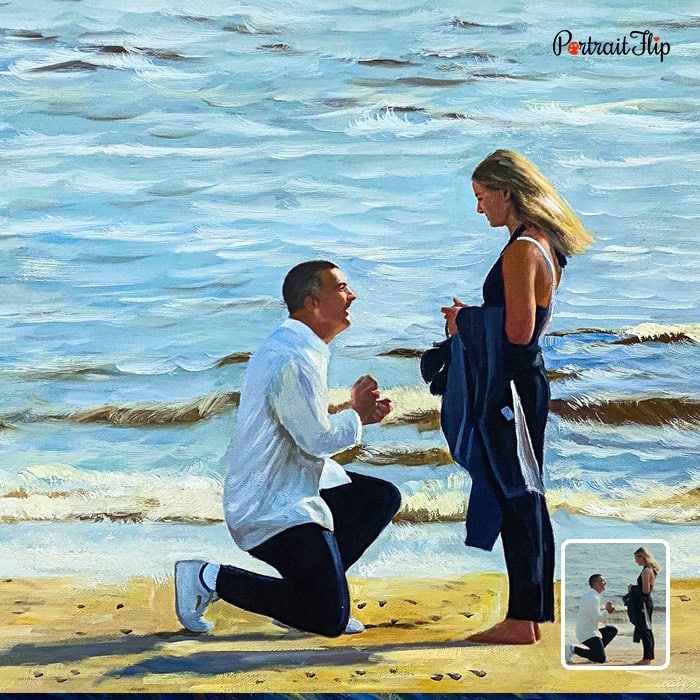 Custom impasto painting of marriage proposal on beach from photo