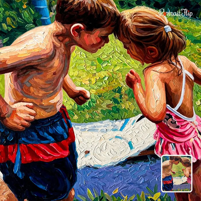 Custom impasto painting of two children playing from photo