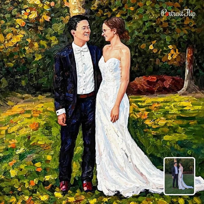 Custom impasto painting of wedding couple in garden from photo