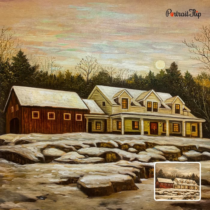 Impasto house portrait of snow-covered farmhouse with barn at dusk