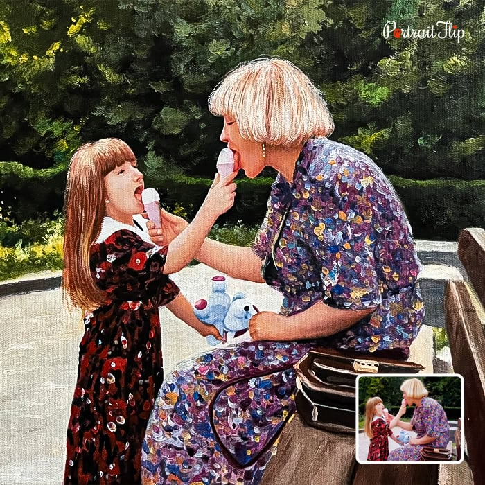 Impasto painting of grandmother and little girl sharing ice cream on a bench