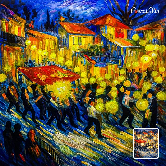 Impasto painting of night street festival with glowing lanterns and crowd from photo