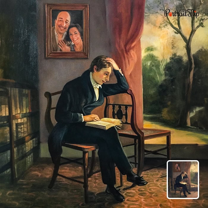 Impasto reproduction painting of young man reading beside window with couple portrait on wall
