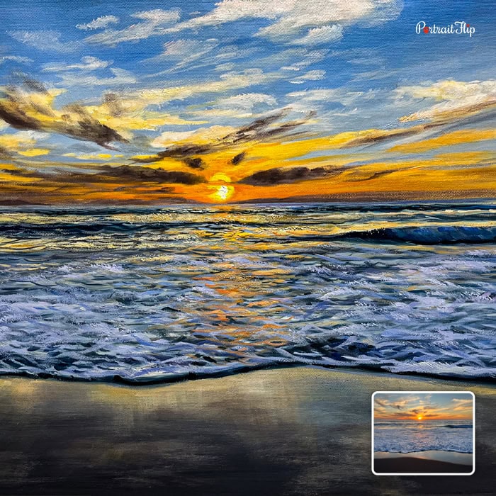 Impasto seascape painting of golden sunset over ocean waves