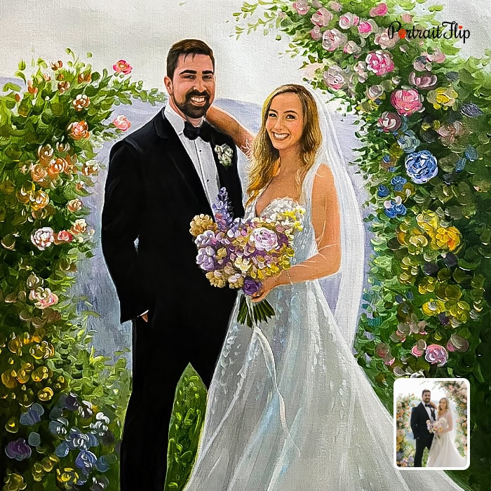 Impasto wedding portrait of smiling bride and groom under floral arch