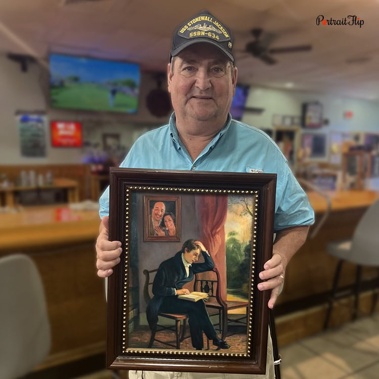 Man holding a framed custom impasto portrait painting