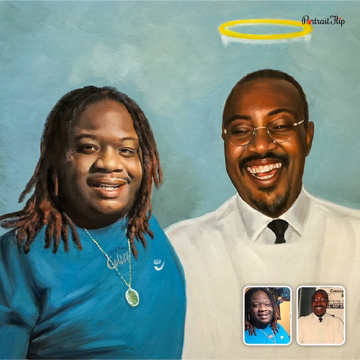 Memorial acrylic painting of two men with angel halo