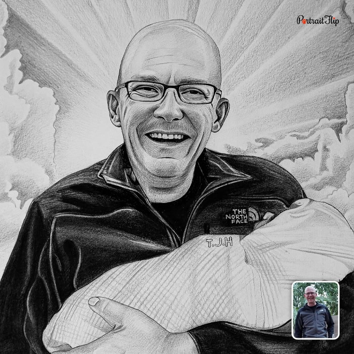 Memorial charcoal drawing of a man with heavenly background