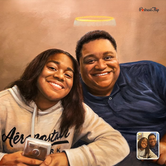 Memorial oil painting of daughter with deceased father with angel halo