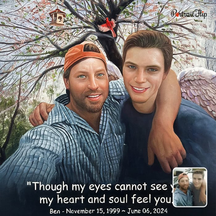 Memorial oil painting of man with deceased brother with angel wings and personalized quote