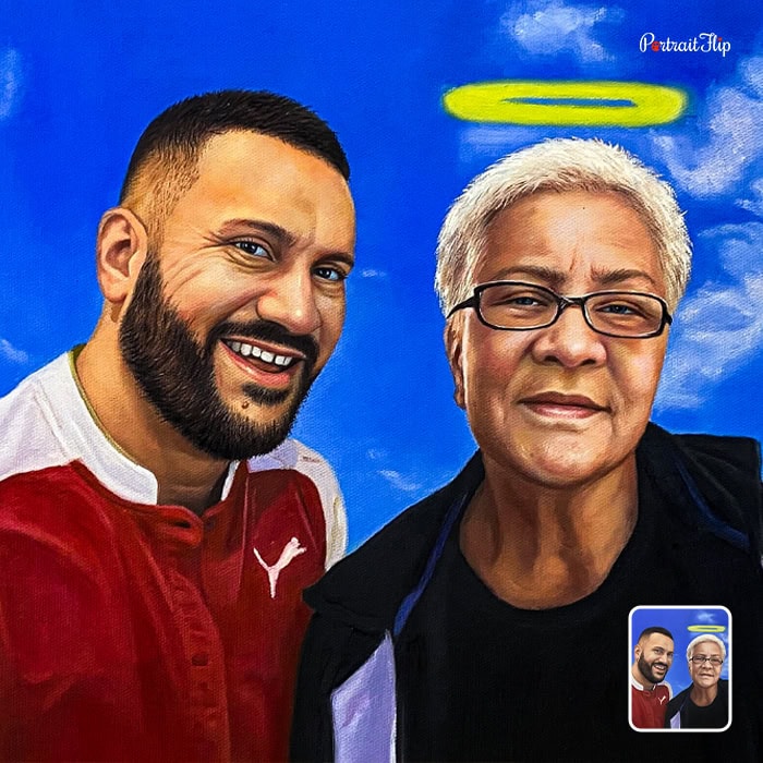 Memorial oil painting of son with deceased mother with angel halo