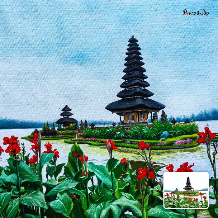 Oil painting of Bali temple landscape with red flowers