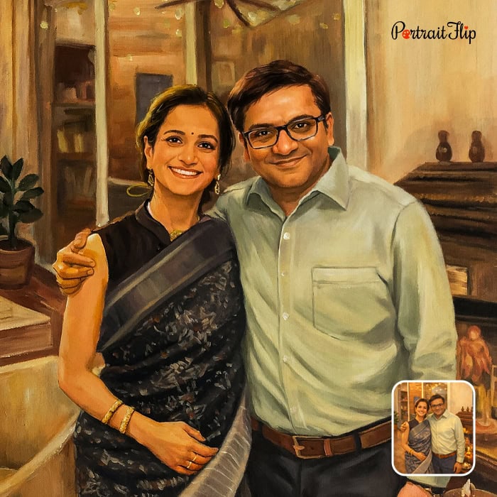 Oil painting of Indian couple in traditional attire indoors