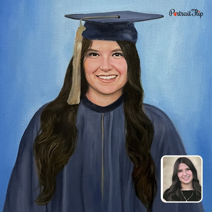 Oil painting of a girl in graduation cap and gown