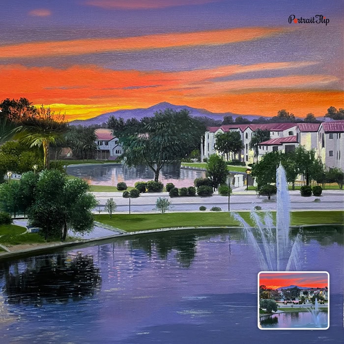 Oil painting of city park with fountain at sunset