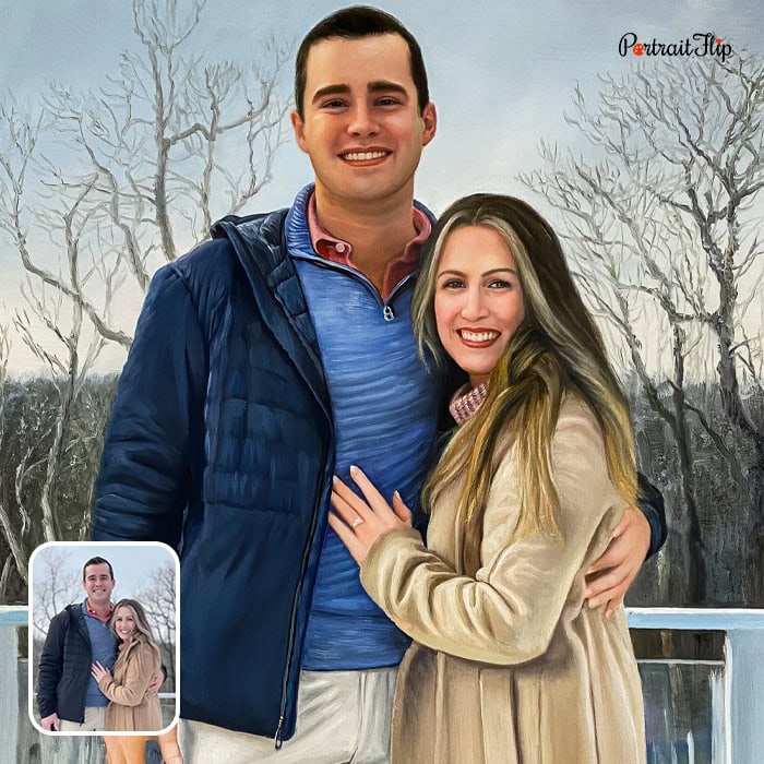 Oil painting of engaged couple outdoors in winter