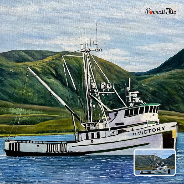 Oil painting of fishing vessel Victory in a mountain bay from photo