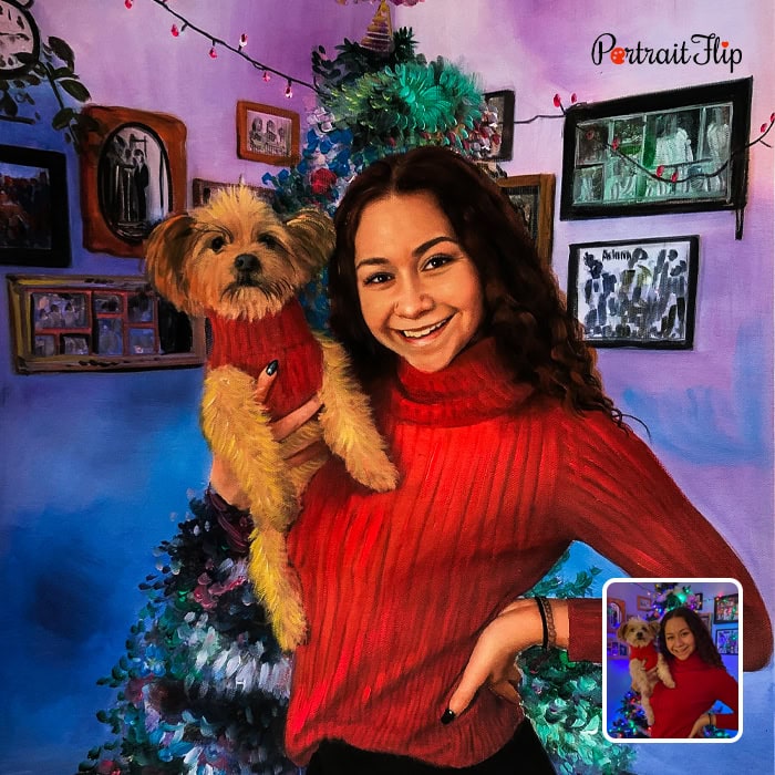Oil painting of girl with dog in front of Christmas tree