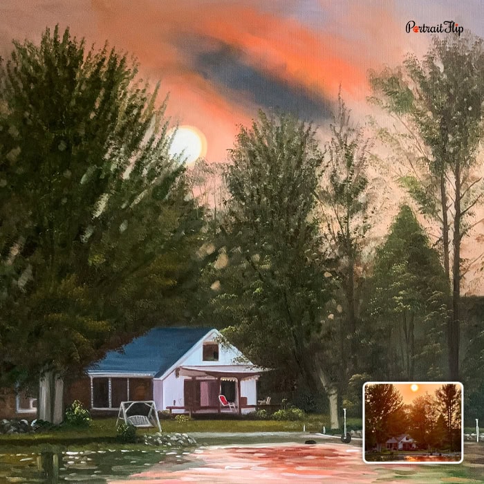 Oil painting of house surrounded by trees at sunset
