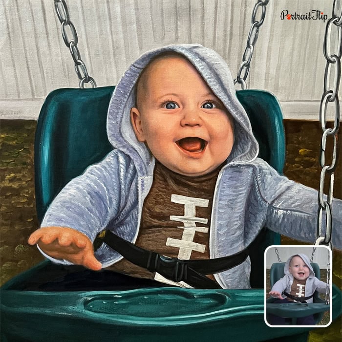 Oil painting of laughing baby boy on swing from photo