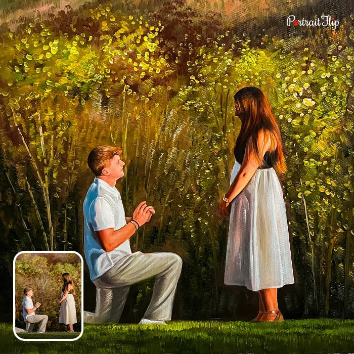 Oil painting of man proposing to woman in garden