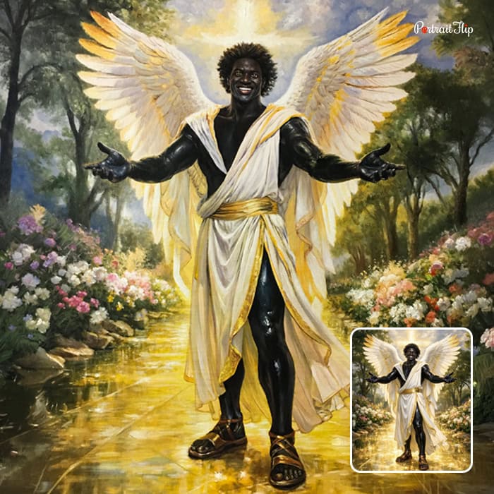 Oil painting of man with angel wings in heavenly garden setting