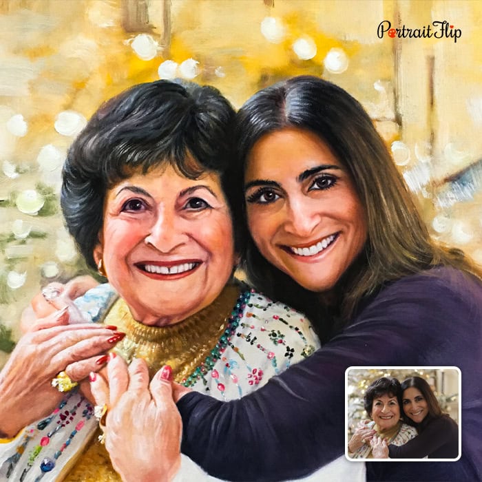 Oil painting of mother and daughter embracing