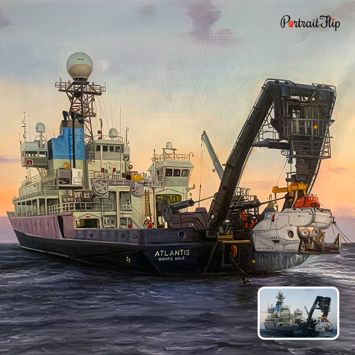 Oil painting of research vessel Atlantis at sea from photo