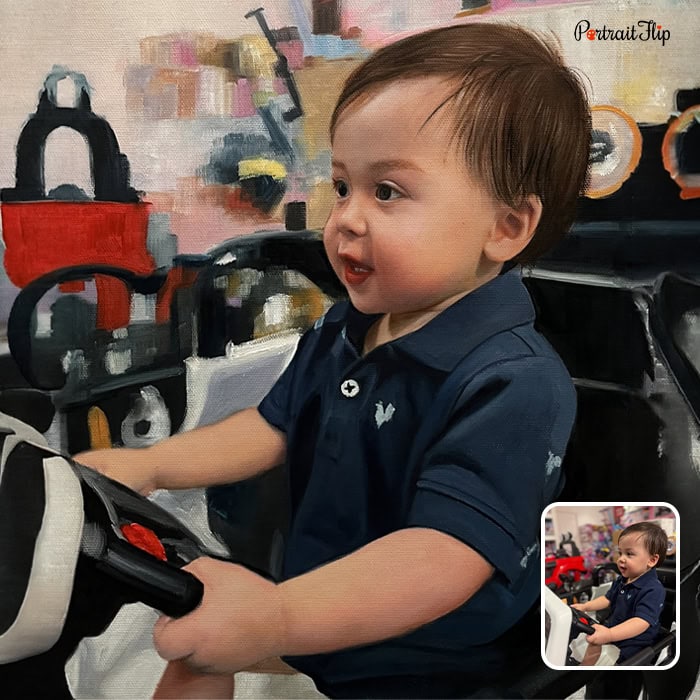 Oil painting of toddler boy driving toy car from photo